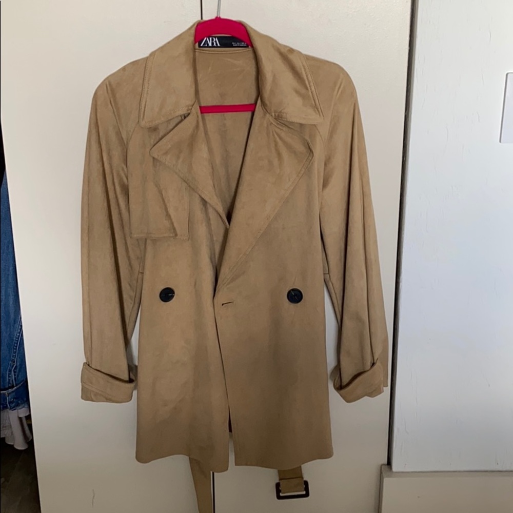 Tan/beige suede coat with matching belt